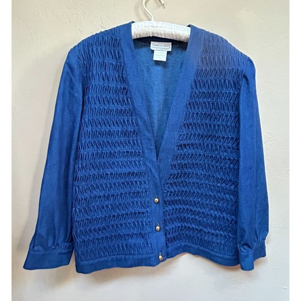 Vintage Three Flaggs California Womens Textured Denim Jacket Size 8 Metal Button
